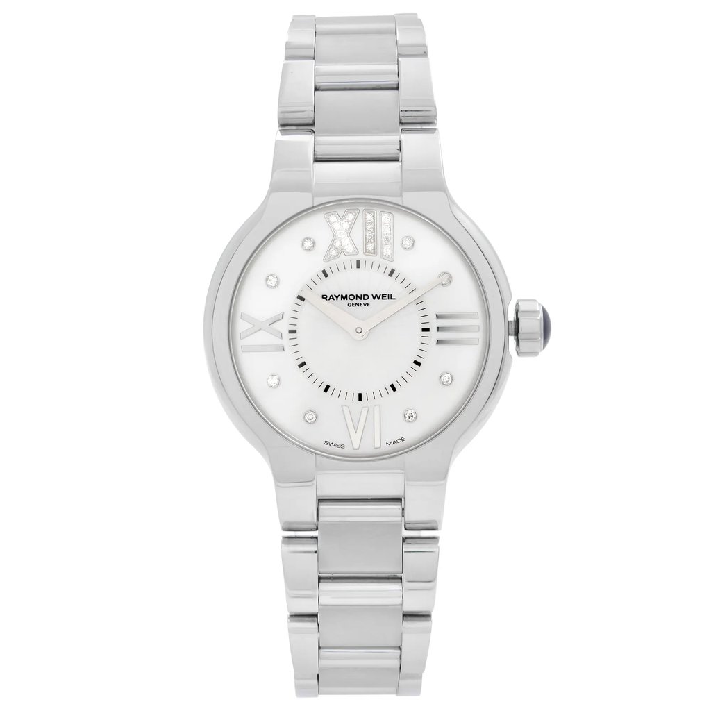 An image of an unworn RAYMOND WEIL women's dress/formal wristwatch with a front full frontal view. The watch features a round white mother of pearl dial with Roman numerals at the 12,3,6 and 9 positions, and diamond markers at the other hours.Additionally the 12 Roman Numeral is set in diamonds as well It has a stainless steel band and case, and the brand name "RAYMOND WEIL GENEVE" is visible just below the 12 o'clock position. The image is taken from a close distance, ensuring the watch occupies the majority of the frame, allowing for clear visibility of its details.