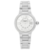 An image of an unworn RAYMOND WEIL women's dress/formal wristwatch with a front full frontal view. The watch features a round white mother of pearl dial with Roman numerals at the 12,3,6 and 9 positions, and diamond markers at the other hours.Additionally the 12 Roman Numeral is set in diamonds as well It has a stainless steel band and case, and the brand name "RAYMOND WEIL GENEVE" is visible just below the 12 o'clock position. The image is taken from a close distance, ensuring the watch occupies the majority of the frame, allowing for clear visibility of its details.