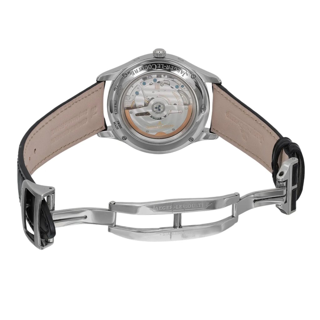 Back View Of Exhibition Back Case And Open Leather Band Of Jaeger-LeCoultre Q1558421 Watch Pre Owned Condition