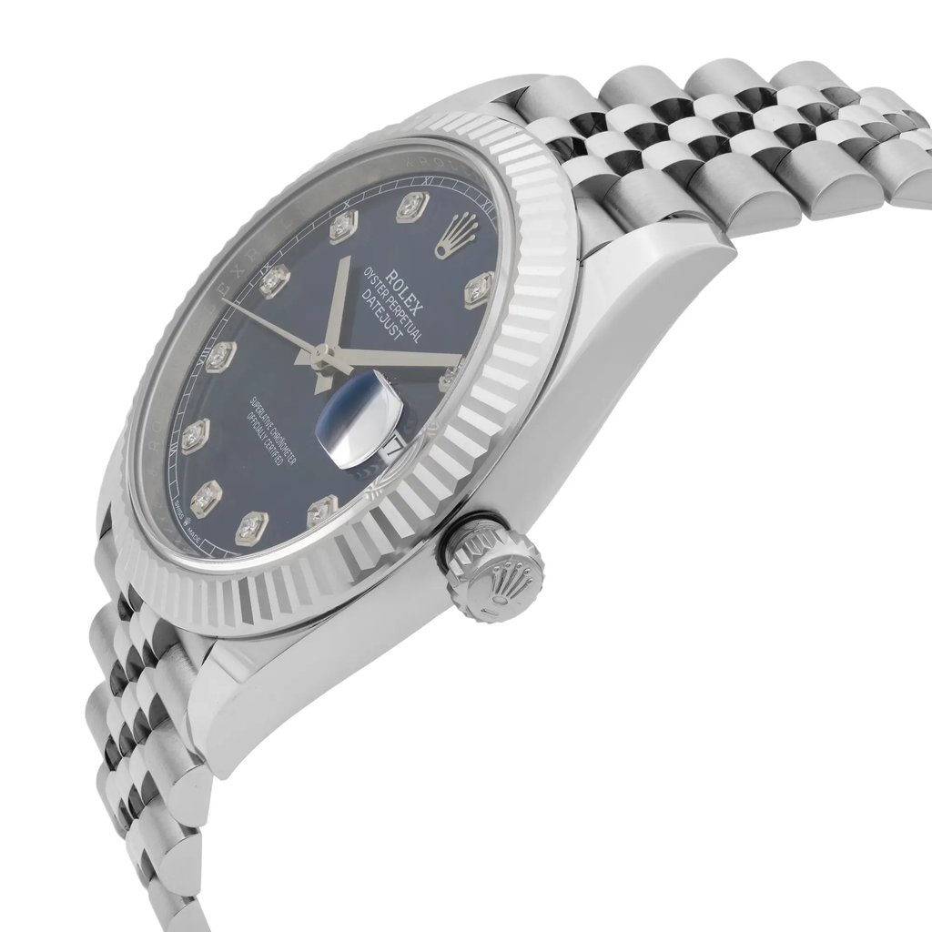 View Of Crown Facing Side Of Rolex 126334BLDJ Stainless Steel Watch Display Model Condition