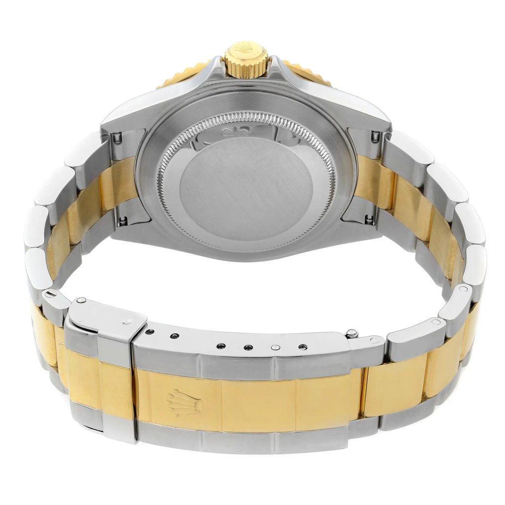 Back View Of Solid Back Case And Closed Stainless Steel,Gold Band Of Rolex 16613LN Watch Pre Owned Condition