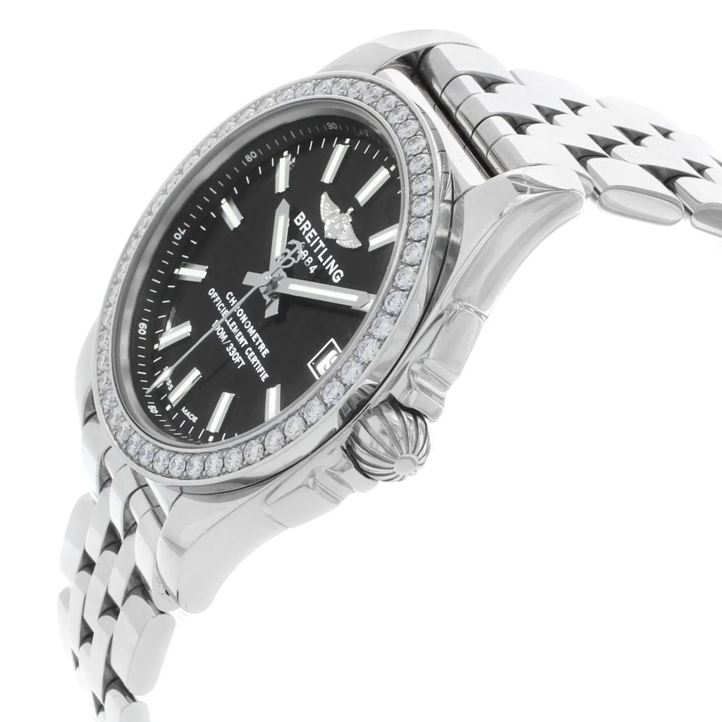 View Of Crown Facing Side Of Breitling A7433053/BE08-376A Stainless Steel Watch Display Model Condition