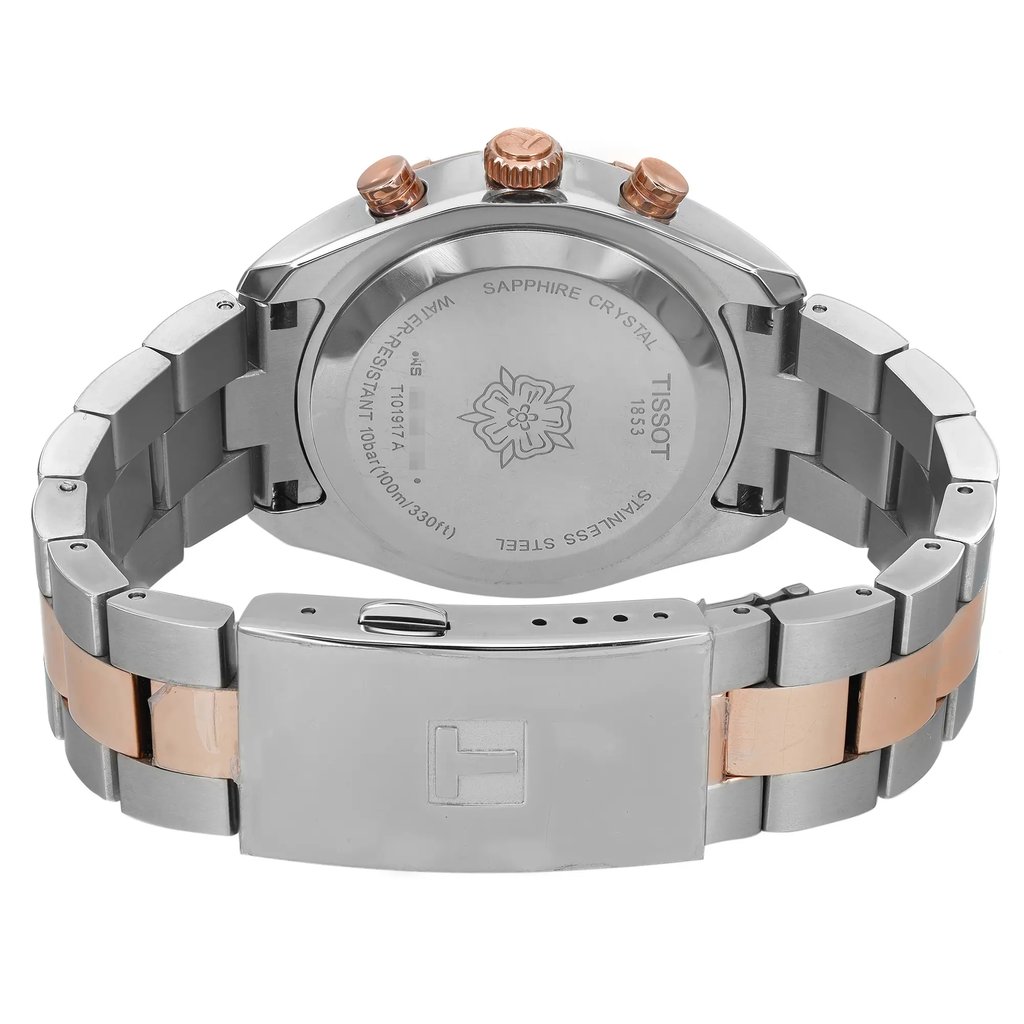 Back View Of Screwback Back Case And Closed Stainless Steel Band Of Tissot T101.917.22.151.00 Watch Pre Owned Condition