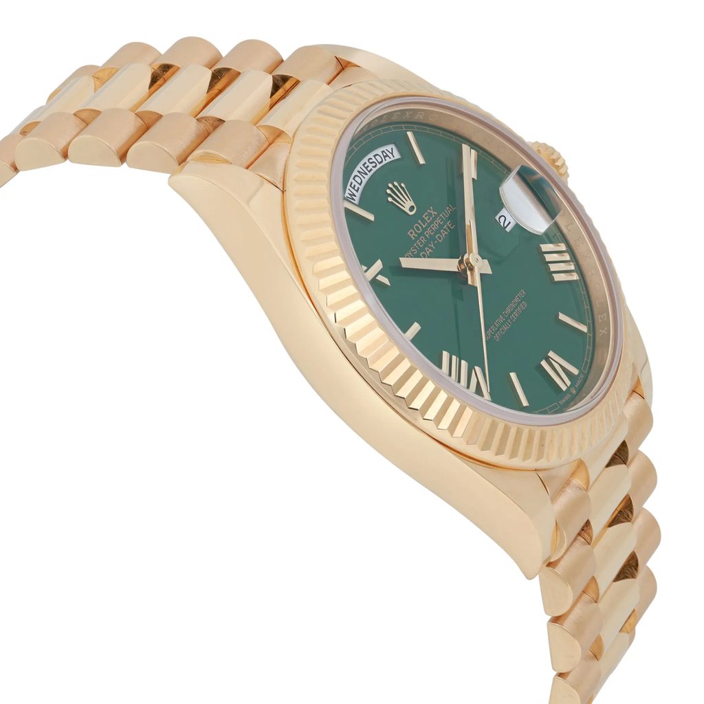 View Of Opposite Crown Facing Side Of Rolex 228238 Yellow Gold Watch Seller Refurbished Condition