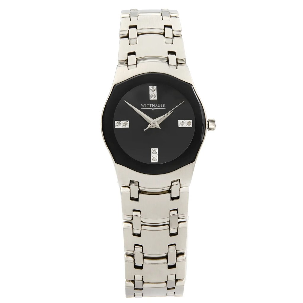 An image of a Wristwatch by Wittnauer. This Pre Owned item is designed for Women, featuring a Casual,Dress/Formal,Sport style. It has a Quartz movement and an Analog display with a Black dial color. The indices include Non-Numeric Hour Marks. The band is made of Stainless Steel and the case is made of Stainless Steel. The watch has a Round shape with a case size of 26 mm and a case thickness of 8 mm.