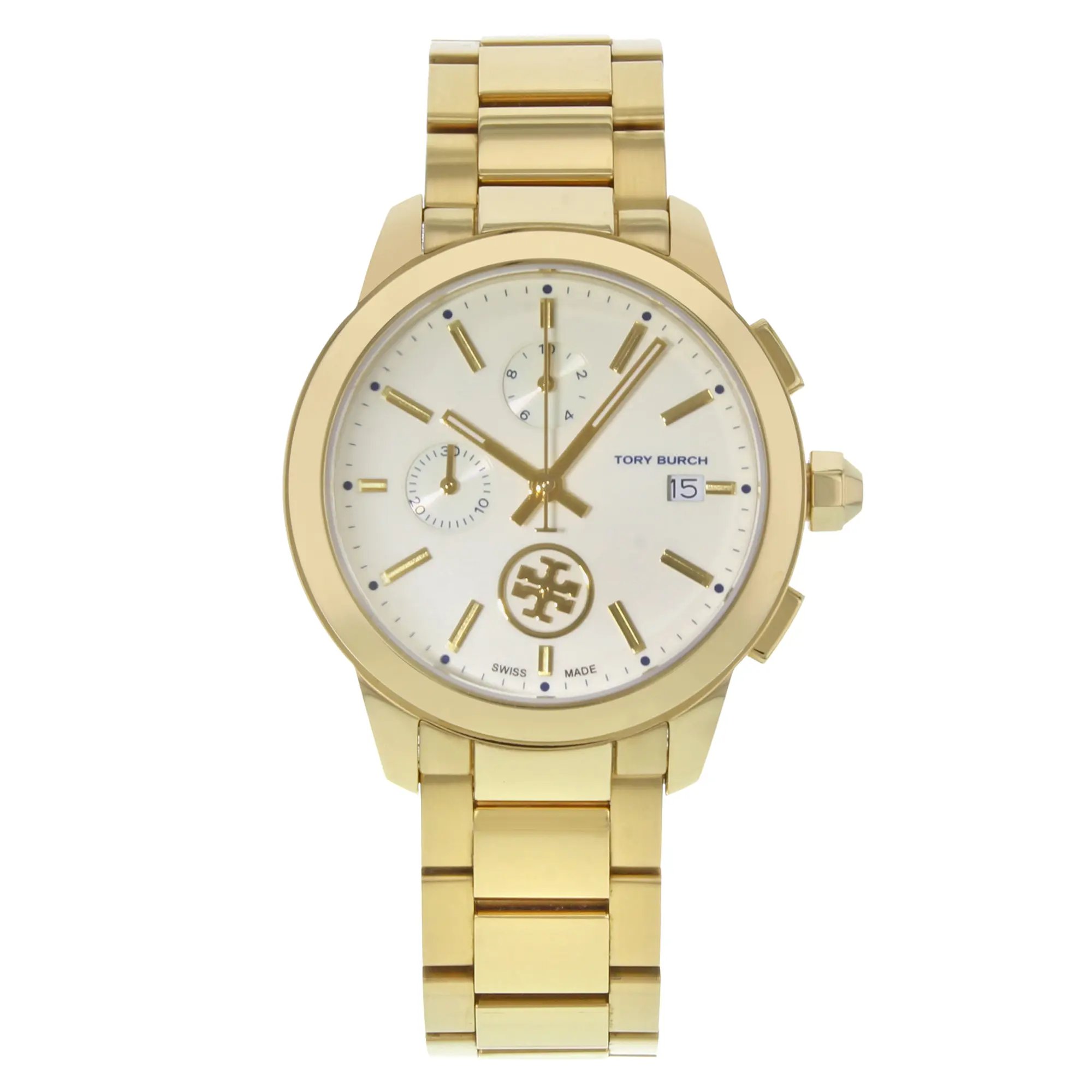 An image of a Wristwatch by Tory Burch. This Display Model item is designed for Women, featuring a Classic,Dress/Formal style. It has a Quartz movement and an Analog display with a Cream dial color. The indices include Multi Dial,Non-Numeric Hour Marks,Sticks. The band is made of Stainless Steel and the case is made of Stainless Steel. The watch has a Round shape with a case size of 38 mm and a case thickness of 11 mm.