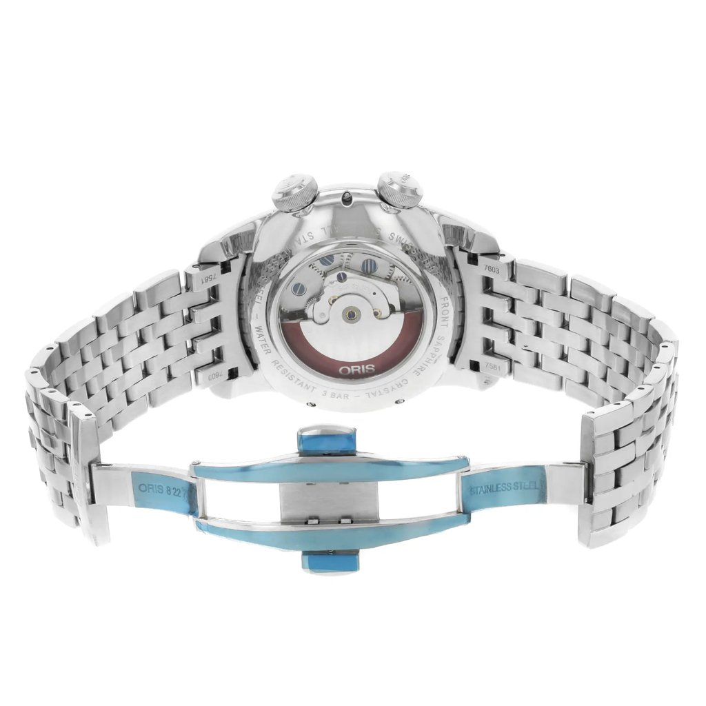 Back View Of Screwback Back Case And Open Stainless Steel Band Of Oris 01 908 7607 4051-Set-MB Watch Unworn Condition