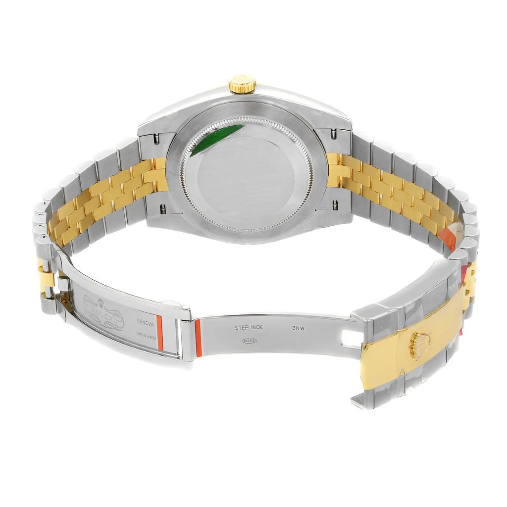 Back View Of Solid Back Case And Open Stainless Steel,Gold Band Of Rolex m126303-0020 Watch Unworn Condition