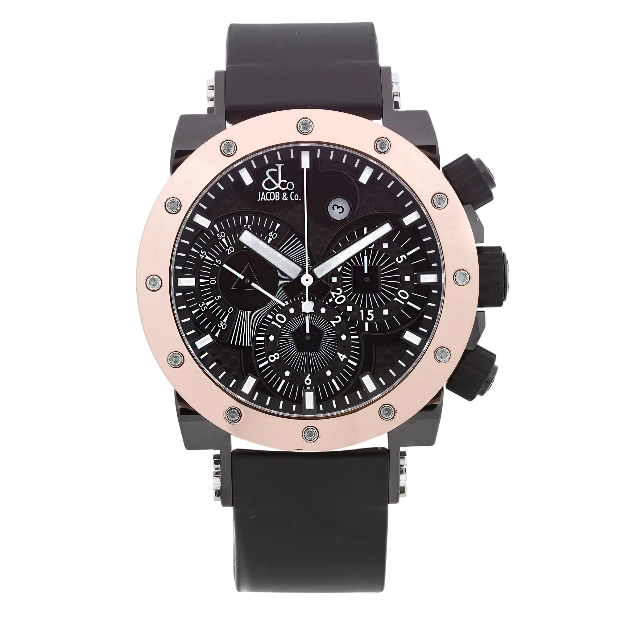 An image of a pre-owned wristwatch from a front full frontal view. The watch features a black strap and a round face with multiple dials. The bezel is accented with metallic elements around the perimeter. The brand name is visible on the watch face. The photo is taken from a close distance, highlighting the intricate details of the watch's design.