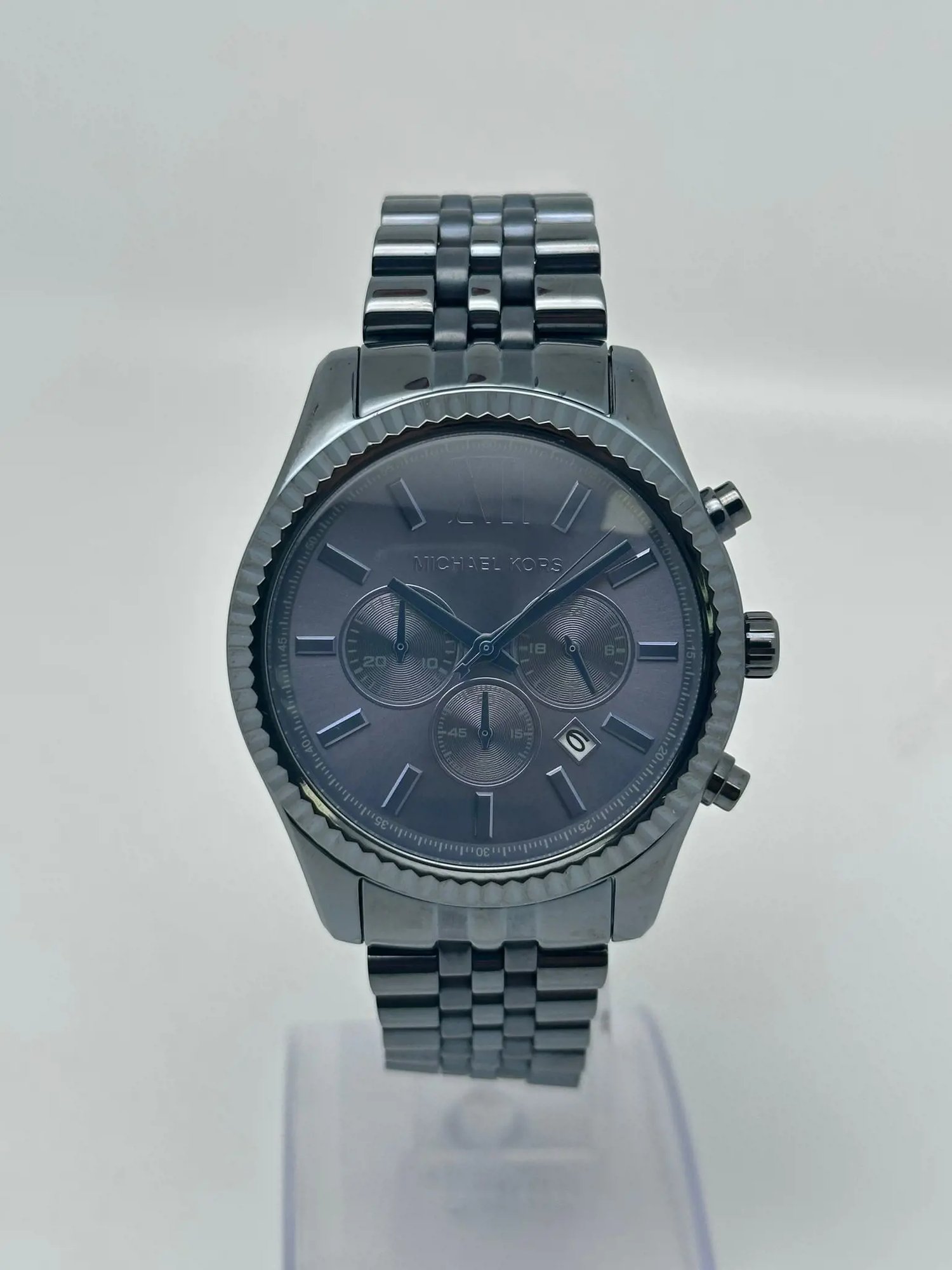 Front Full View Of Michael Kors MK8480 Stainless Steel Watch New With Defects Condition {Product Condition}