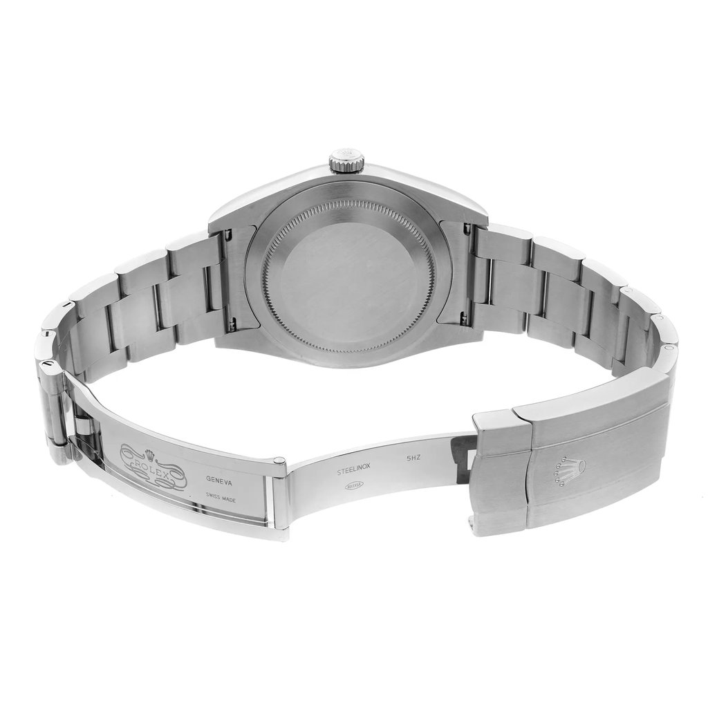 Back View Of Screwback Back Case And Open Stainless Steel Band Of Rolex 114300 Watch Pre Owned Condition