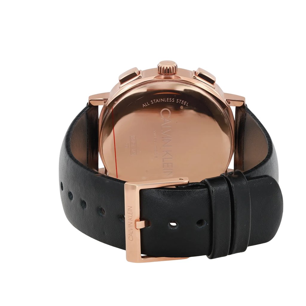 Back View Of Snap Back Case And Closed Leather Band Of Calvin Klein  K8Q376C3 Watch Display Model Condition
