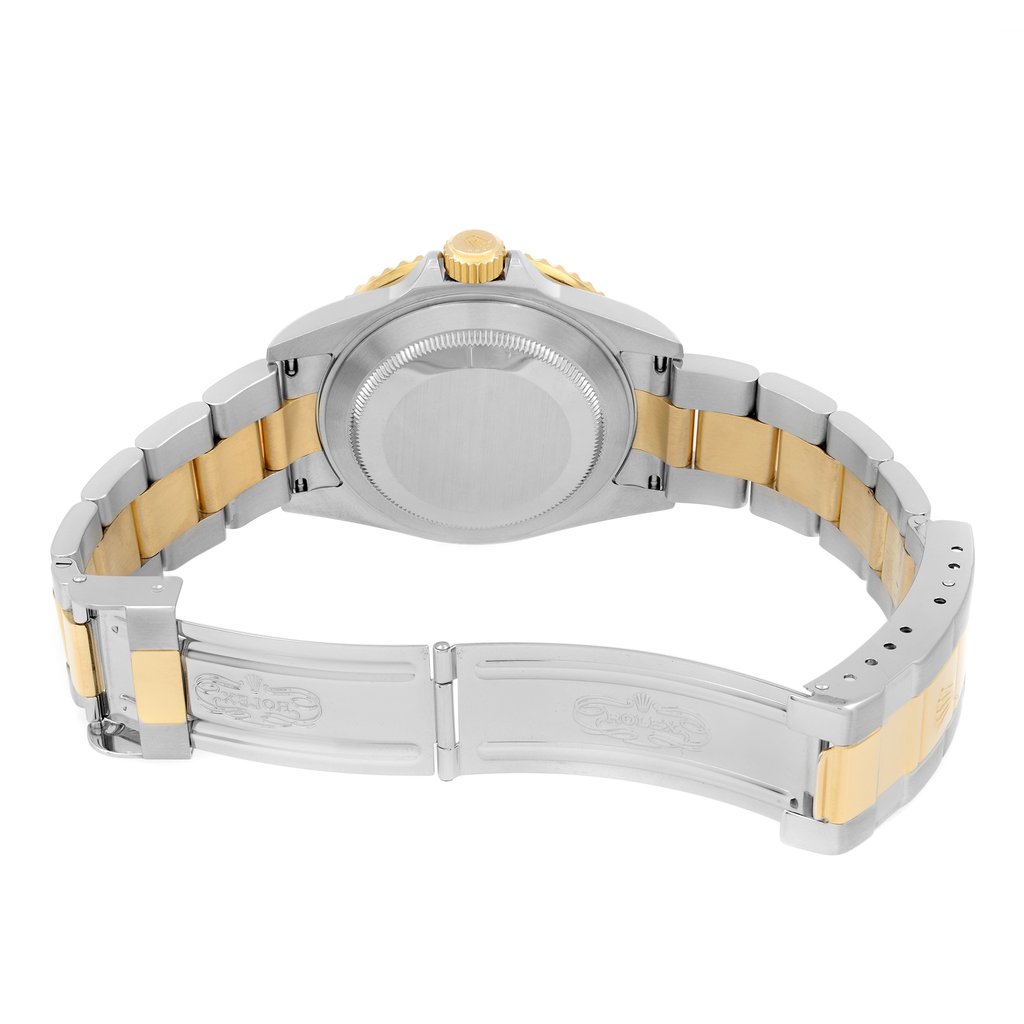 Back View Of Solid Back Case And Open Stainless Steel,Gold Band Of Rolex 16613 Watch Pre Owned Condition