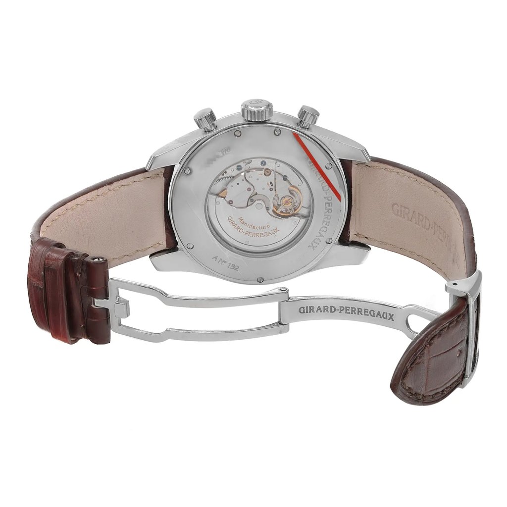 Back View Of Screwback Back Case And Open Leather Band Of Girard-Perregaux 49590-11-111 Watch Pre Owned Condition