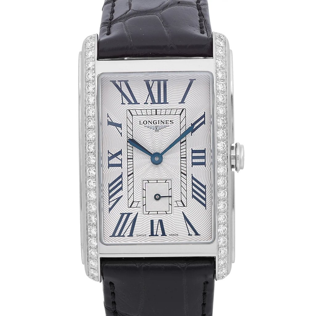 An image of a luxury Longines women's wristwatch with a front close-up shot of the watch face, positioned centrally and viewed straight on. The watch boasts a silver guilloche dial, Roman numerals as indices, and blue hands. Encased in stainless steel, the rectangle-shaped case is adorned with a stainless steel bezel lined with diamonds, and attached to a black leather band. The watch is unworn and in excellent condition.