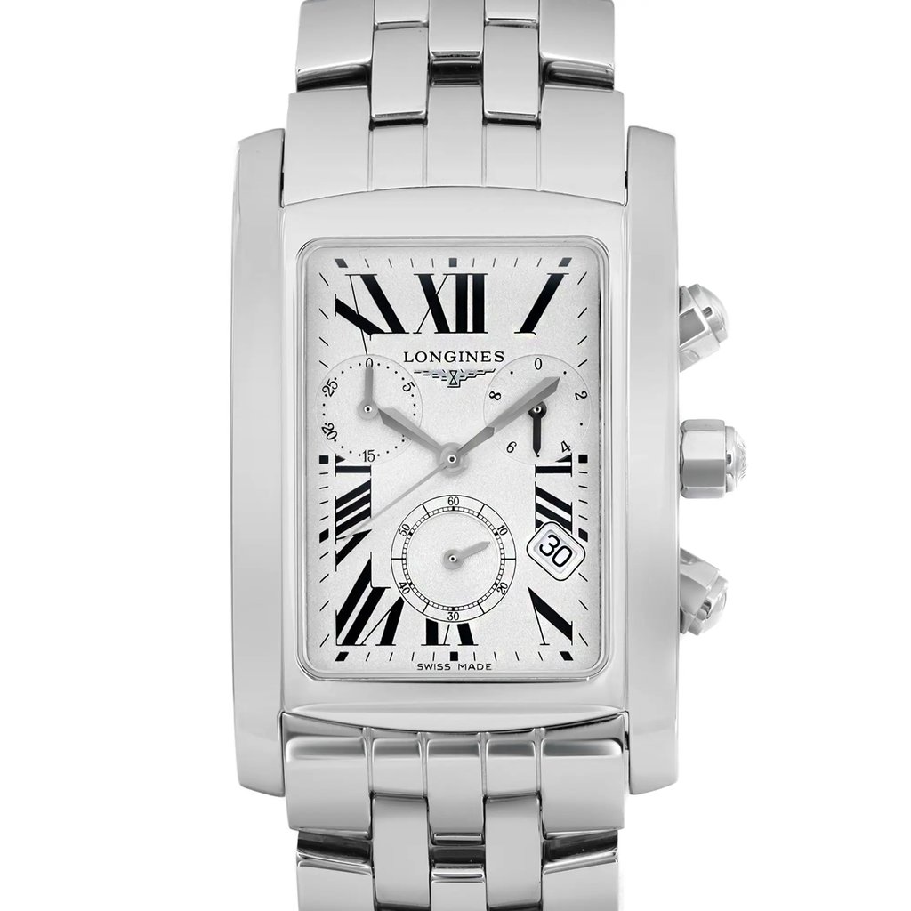 An image of a pre-owned wristwatch taken from a front close-up angle, showcasing the rectangular watch face. The dial features Roman numerals and subdials, with a date display at the 4 o'clock position. The watch has a polished silver metal bracelet.