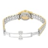 An image of a wristwatch viewed from the back, showcasing an open clasp. The watch features a two-tone metal link bracelet with silver and gold accents. The back case reveals the watch's internal mechanisms and is inscribed with branding details. The image is taken at a slight angle from above, focusing on the open clasp and back of the watch, with a moderate distance to capture the full bracelet spread.