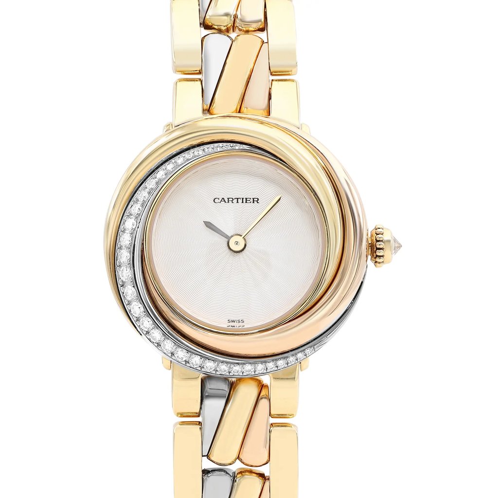 An image of a pre-owned Cartier women's luxury wristwatch in good condition, shown in a front close-up shot emphasizing the watch face. The dial is white  and features the Cartier logo, with no hour marks and a 12-hour dial with two hands. The round case is made of rose gold, white gold, and yellow gold, and the bezel is adorned with a diamonds. The band combines rose gold, white gold, and yellow gold links. The watch is positioned directly facing the camera, providing a clear and detailed view of the watch's face and part of the bracelet.