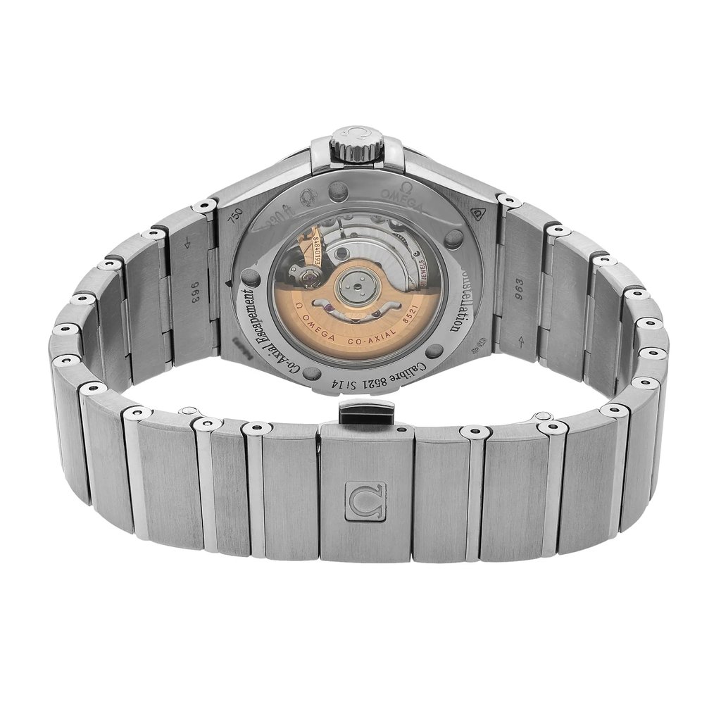 An image of an unworn OMEGA women's wristwatch, showcasing the back view with a closed clasp. The wristwatch is composed of white gold with a round case shape. The band material is also white gold. The watch is positioned centrally and photographed from a direct, overhead angle, providing a clear view of the intricate mechanisms and branding through the transparent case back.