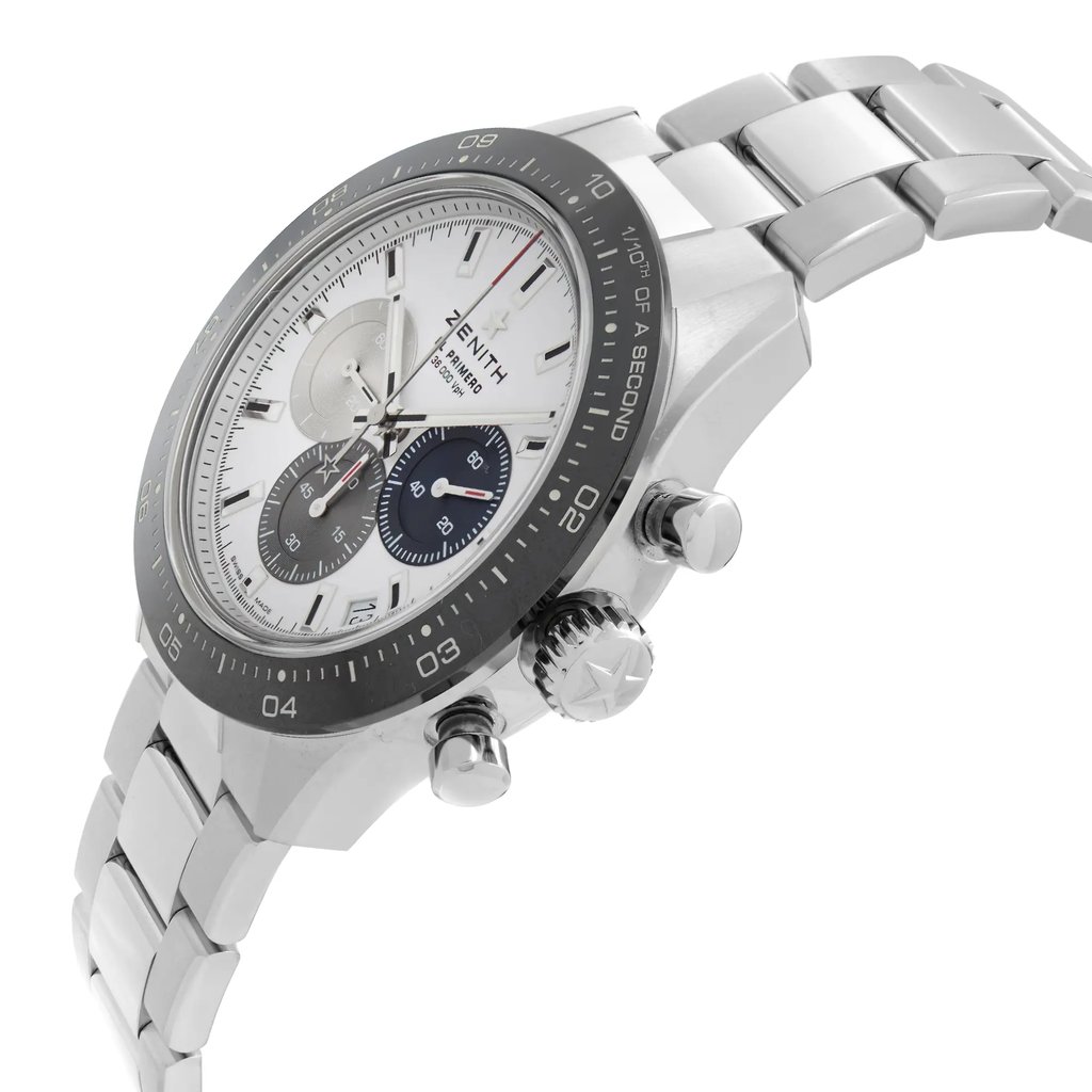 View Of Crown Facing Side Of Zenith 03.3100.3600/69.M3100 Stainless Steel Watch Unworn Condition