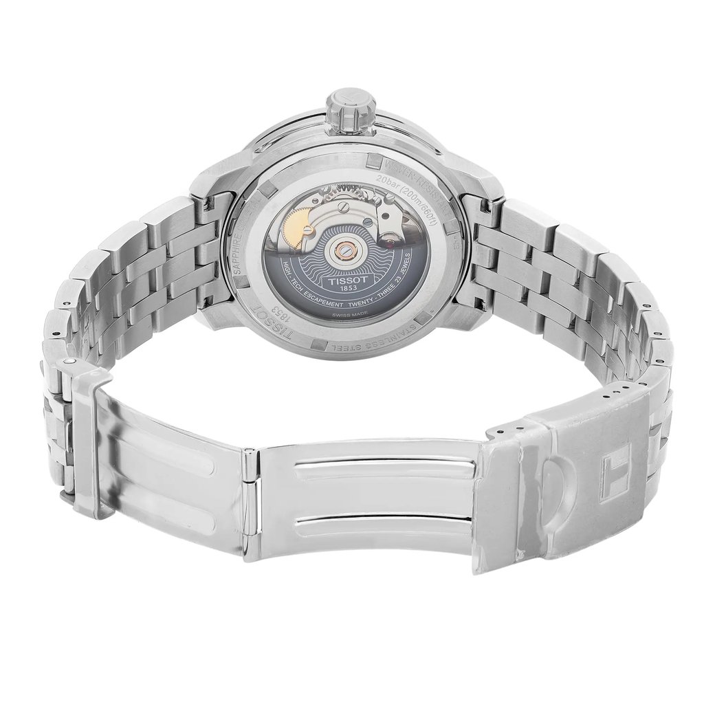 Back View Of Exhibition Back Case And Open Stainless Steel Band Of Tissot T055.430.11.047.00 Watch Unworn Condition