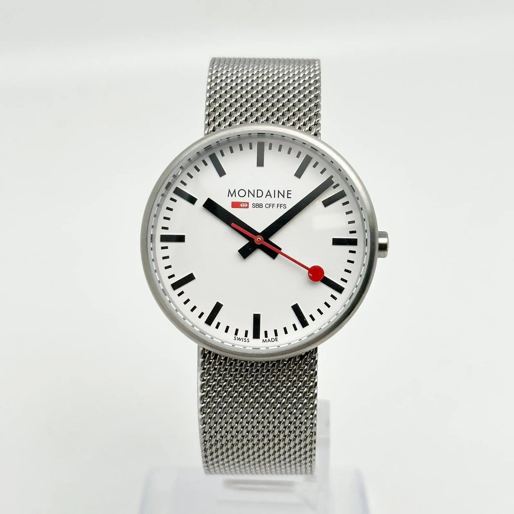 Front Full View Of Mondaine A763.30362.11SBM Stainless Steel Watch Display Model Condition Excellent