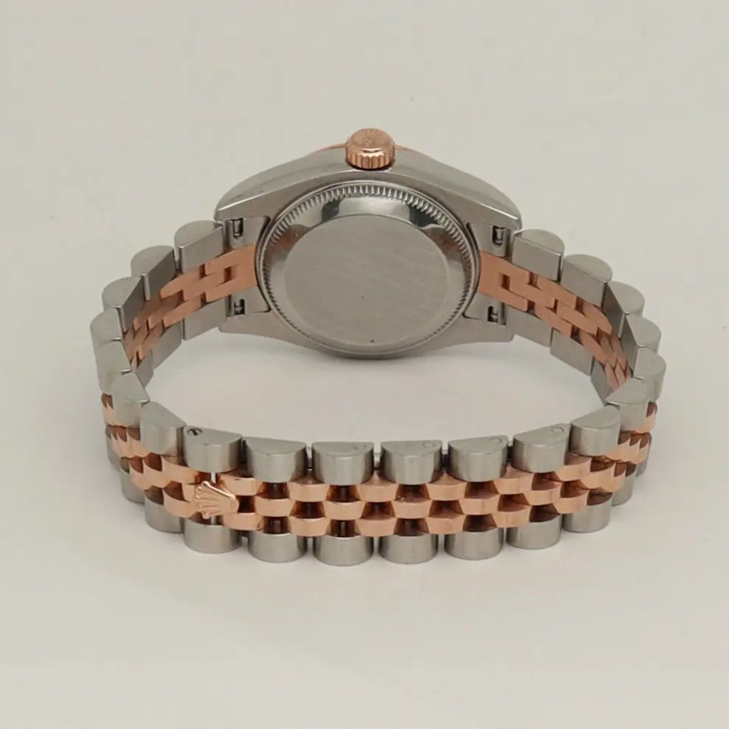 Back View Of Solid Back Case And Closed Stainless Steel,Rose Gold Band Of Rolex 179171 Watch Pre Owned Condition