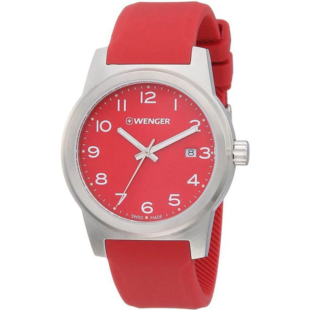 An image of a Wristwatch by Wenger. This Display Model item is designed for Men, featuring a Casual style. It has a Quartz movement and an Analog display with a Red dial color. The indices include 12-Hour Dial,Arabic Numerals. The band is made of Rubber,Silicone and the case is made of Stainless Steel. The watch has a Round shape with a case size of 40 mm and a case thickness of 10 mm.