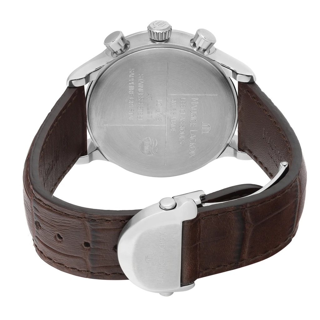 Back View Of Solid Back Case And Closed Leather Band Of Maurice Lacroix LC1148-SS001-132 Watch Display Model Condition