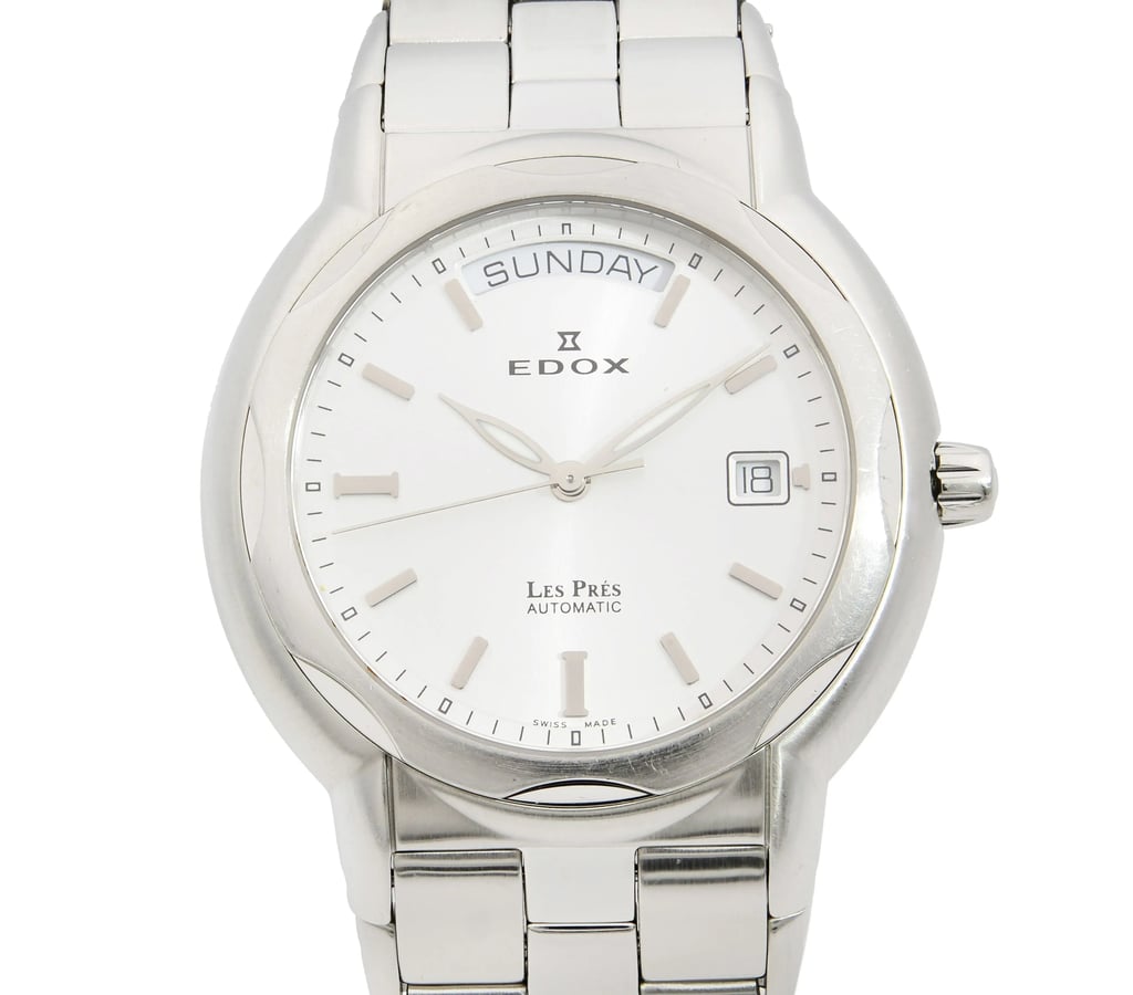 Up Close Front Facing Picture Of Edox 83001 Stainless Steel Watch Pre Owned Condition