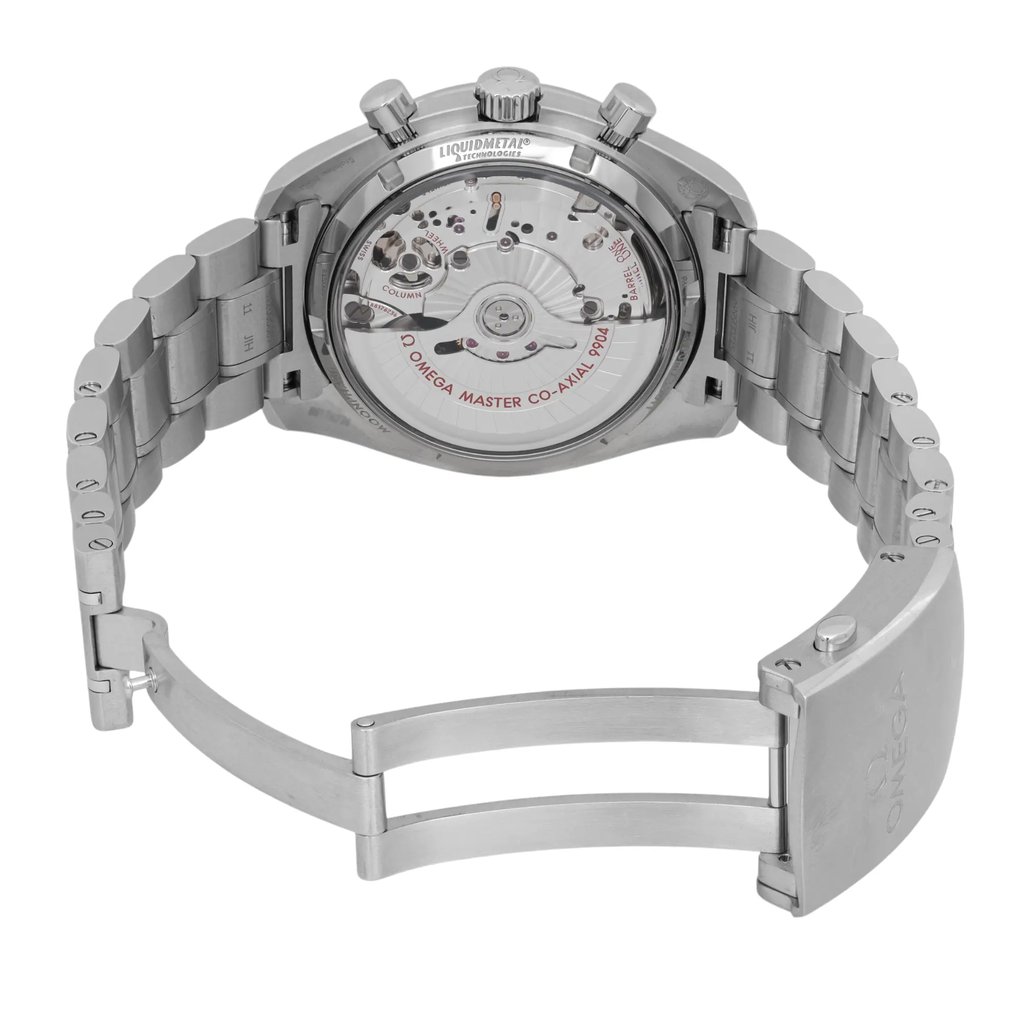 Back View Of Exhibition Back Case And Open Stainless Steel Band Of OMEGA 304.30.44.52.01.001 Watch Pre Owned Condition