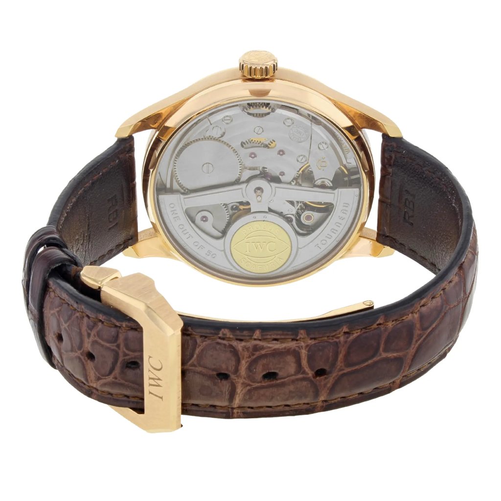 Back View Of {Caseback} Back Case And Closed Leather Band Of IWC IW500118 Watch Pre Owned Condition