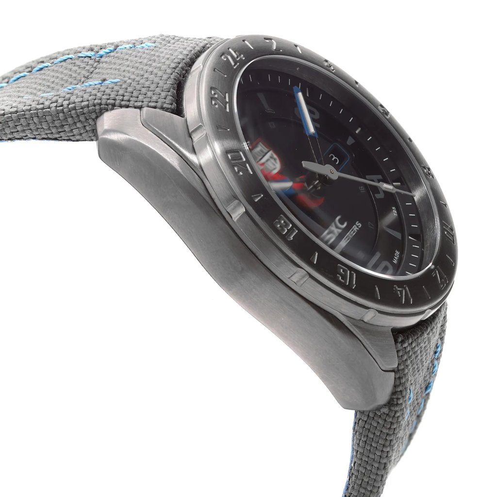 An image of a Wristwatch by Luminox. This Pre Owned item is designed for Men, featuring a Pilot/Aviator style. It has a Quartz movement and an Analog display with a Black dial color. The indices include 12-Hour Dial,24-Hour Dial,Arabic Numerals,Stick Indexes. The band is made of Nylon and the case is made of Stainless Steel. The watch has a Round shape with a case size of 45.5 mm and a case thickness of 15 mm.