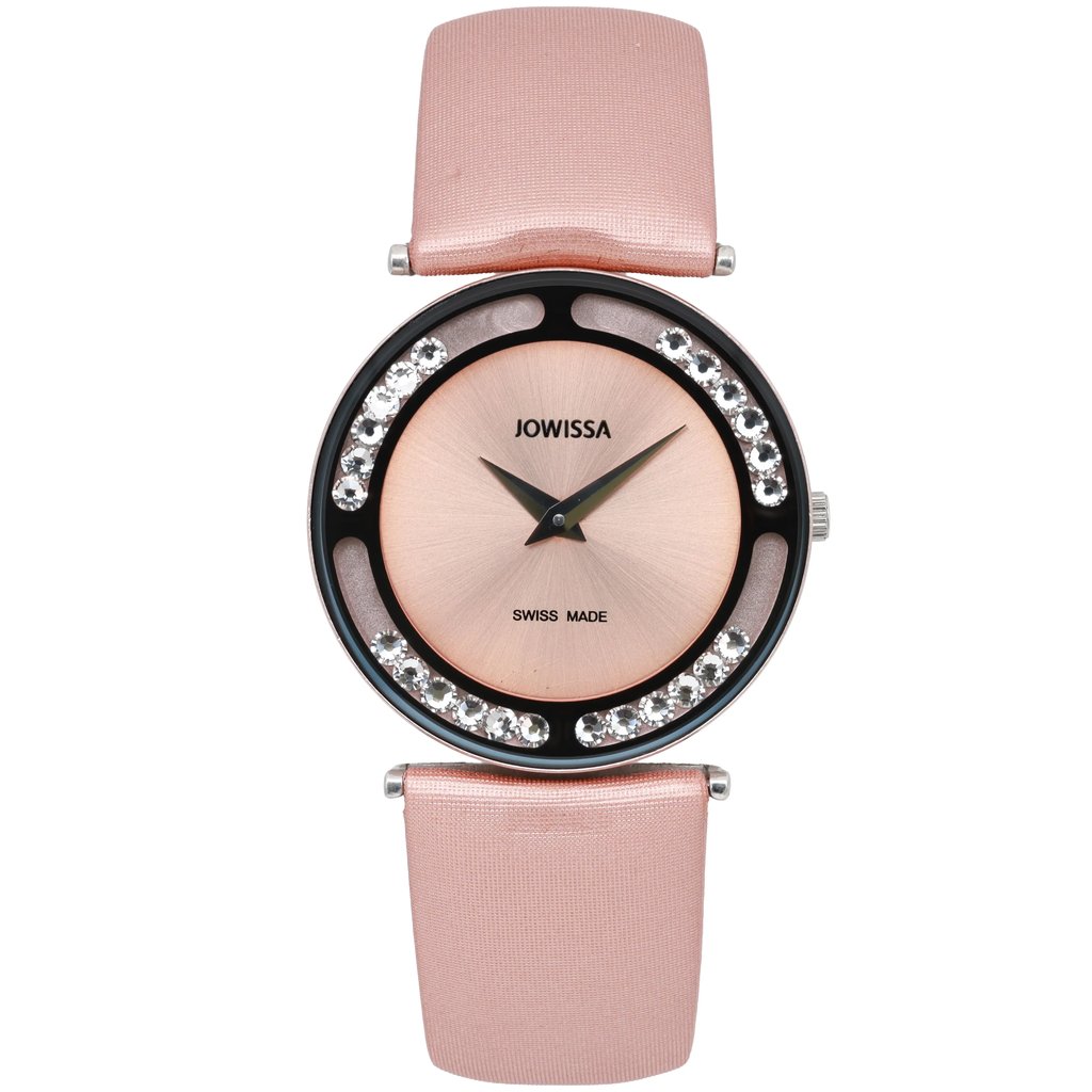 An image of a JOWISSA women's wristwatch taken from a front, centered angle at a close distance. The watch features a pink band and a round face with a pink dial. The bezel is adorned with sparkling crystals, and the watch hands and markers are sleek and minimalistic. The condition is noted as new with defects.