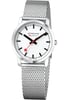 An image of a Wristwatch by Mondaine. This Display Model item is designed for Unisex Adult, featuring a Casual style. It has a Quartz movement and an Analog display with a White dial color. The indices include 12-Hour Dial,Stick Indexes. The band is made of Stainless Steel and the case is made of Stainless Steel. The watch has a Round shape with a case size of 36 mm and a case thickness of 6 mm.