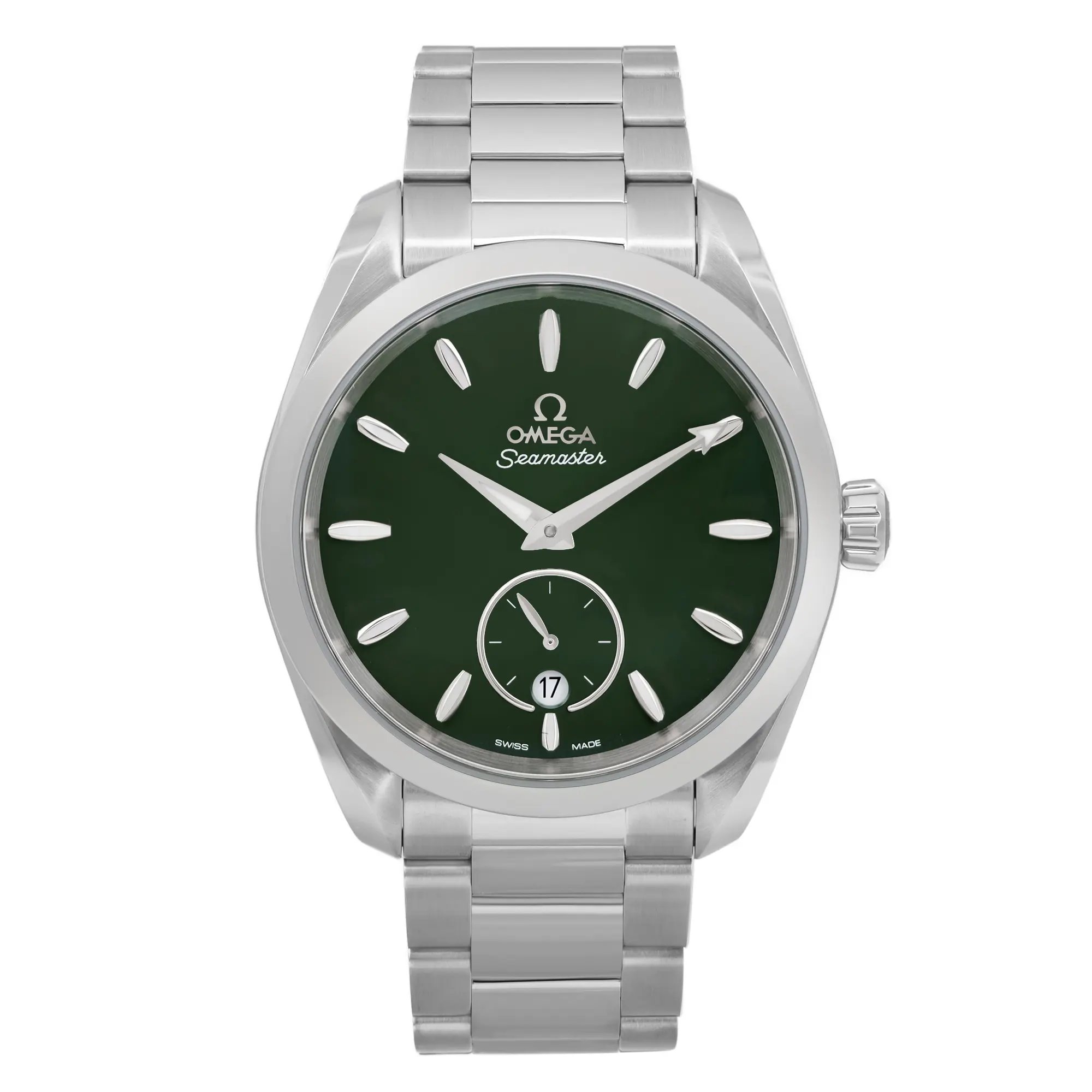 An image of a wristwatch shown from a front full frontal view, highlighting its unworn condition. The watch features a silver metal bracelet and a dark green dial, with silver hour markers and hands. The brand name "Omega Seamaster" is visible on the dial. The watch is centered in the frame, capturing its details clearly.