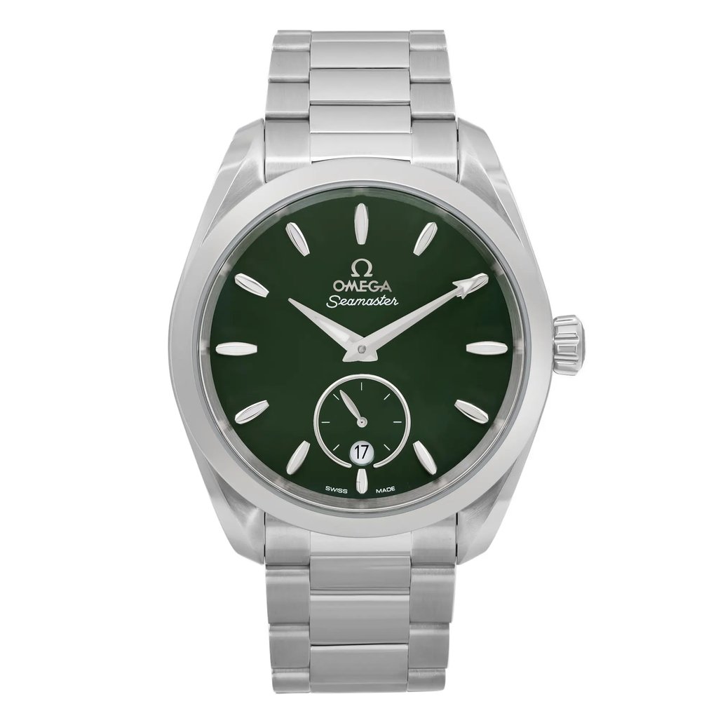 An image of a wristwatch shown from a front full frontal view, highlighting its unworn condition. The watch features a silver metal bracelet and a dark green dial, with silver hour markers and hands. The brand name "Omega Seamaster" is visible on the dial. The watch is centered in the frame, capturing its details clearly.