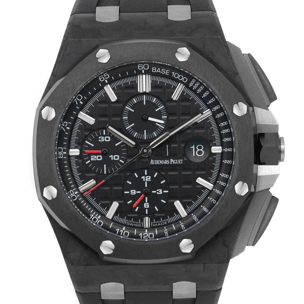 Up Close Front Facing Picture Of Audemars Piguet 26400AU.OO.A002CA.01 Carbon Fiber Watch Pre Owned Condition