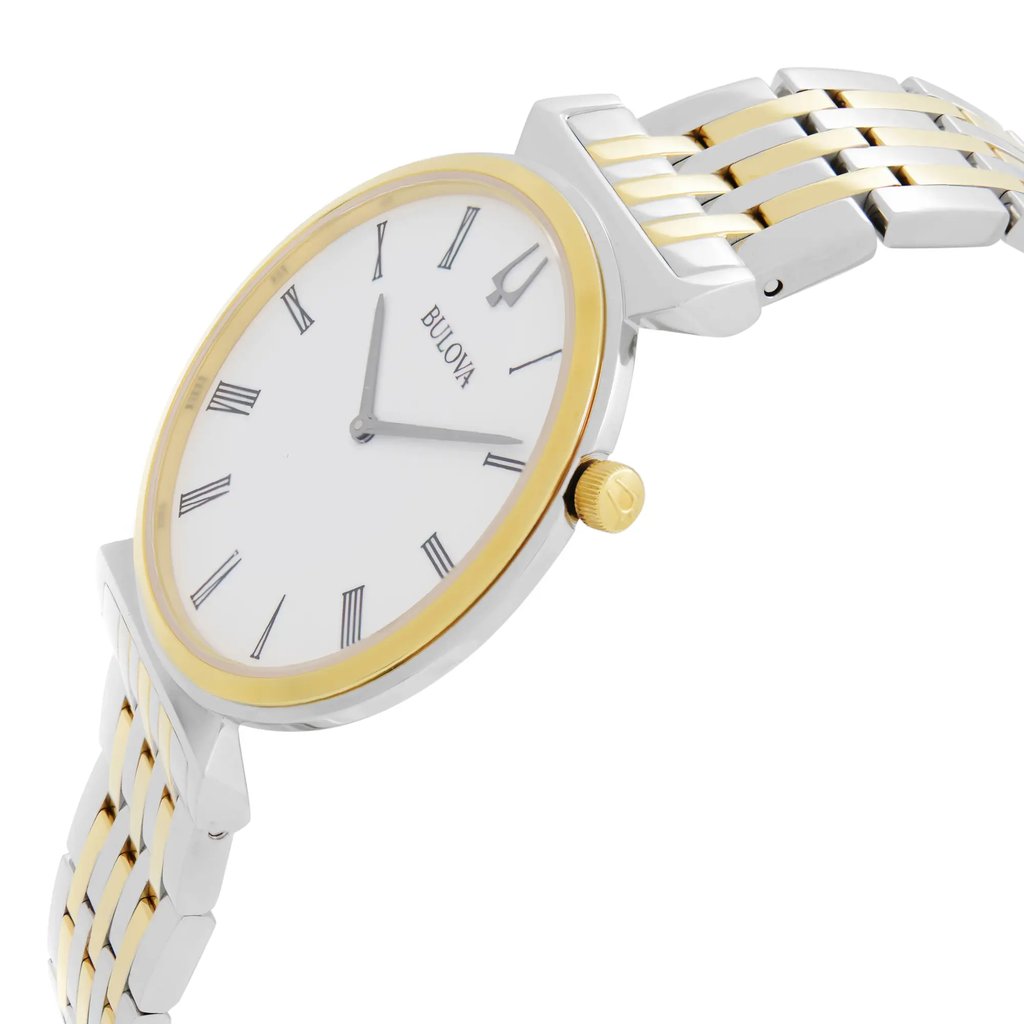 An image of a men's Bulova wristwatch in a display model condition. The side profile view showcases the watch's crown prominently. The watch has a round shape with a white dial and gold bezel. It features a stainless steel band with gold accents. The timepiece is positioned at a slight angle with the watch face visible and the band extending into the distance, giving a clear view of the watch's design and style.