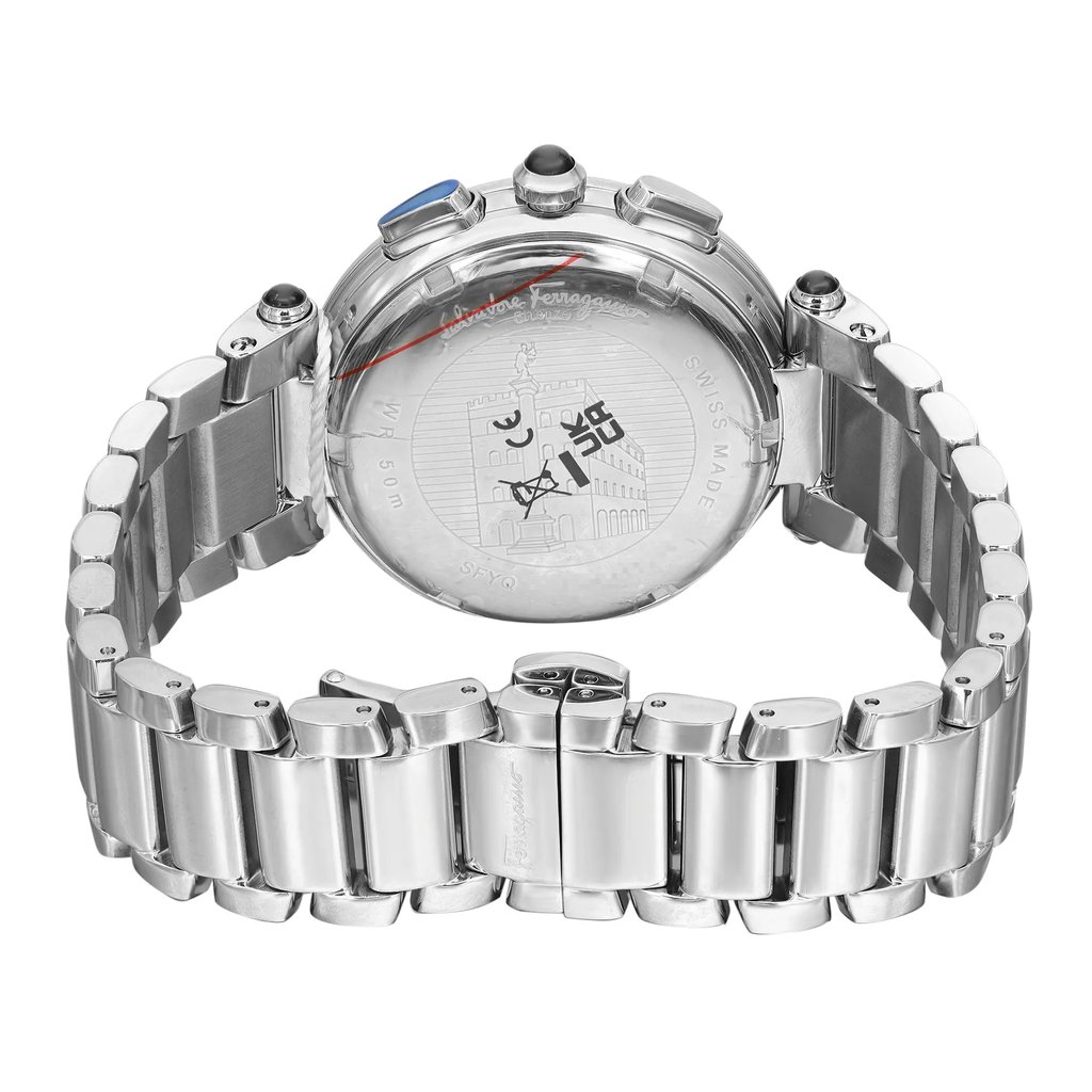 An image of a Wristwatch by Salvatore Ferragamo. This Display Model item is designed for Men, featuring a Casual style. It has a Quartz movement and an Analog display with a Blue dial color. The indices include 12-Hour Dial,Seconds Hand,Stick Indexes. The band is made of Stainless Steel and the case is made of Stainless Steel. The watch has a Round shape with a case size of 42 mm and a case thickness of 13 mm.