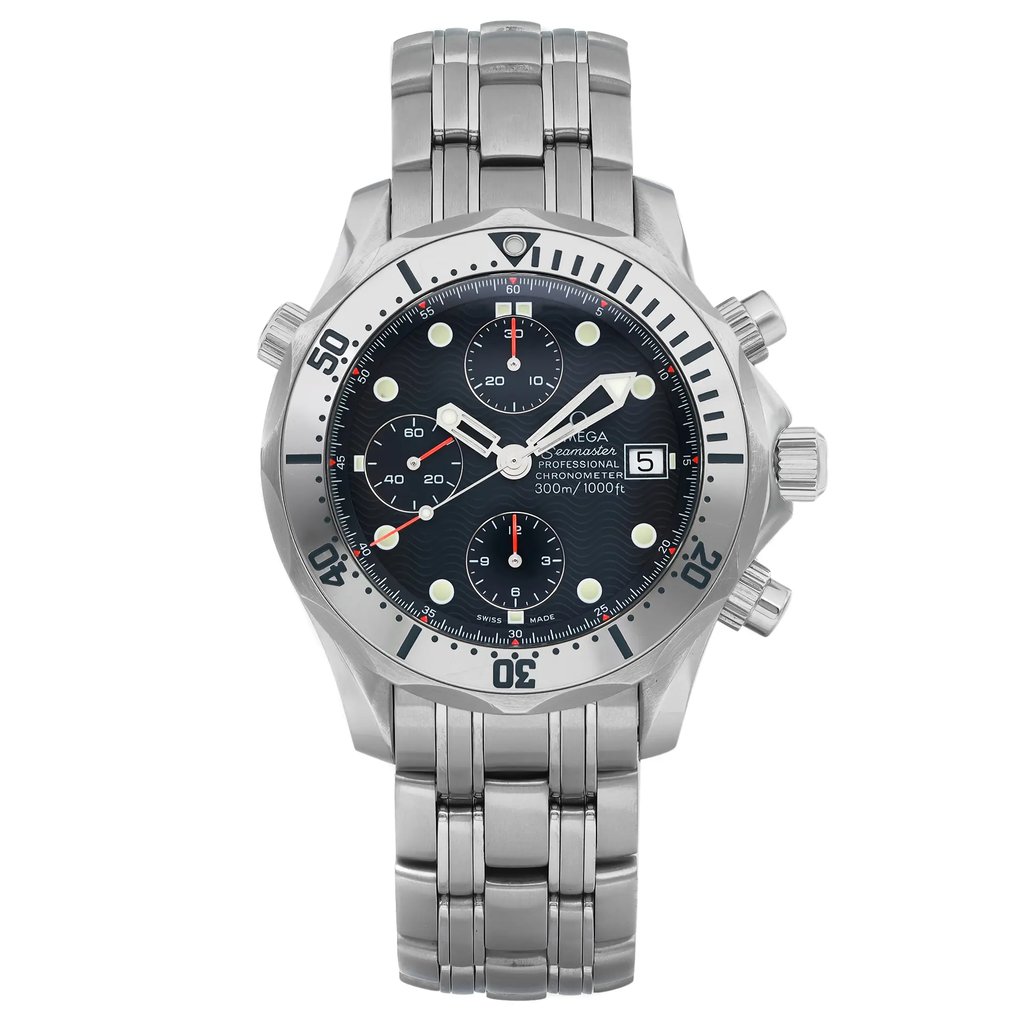 An image of a pre-owned OMEGA men's diver wristwatch in good condition, presented in a full frontal view. The watch has a round stainless steel case and band, with a blue dial featuring round indexes and a 12-hour layout. It includes chronograph functions, a date indicator at the 3 o'clock position, and luminous hands. The gray bezel shows light scratches, and there are minor signs of wear on the watch, consistent with its pre-owned status. The watch is positioned straight on, with the camera angle centered and the distance close enough to capture the entire watch with clear detail.