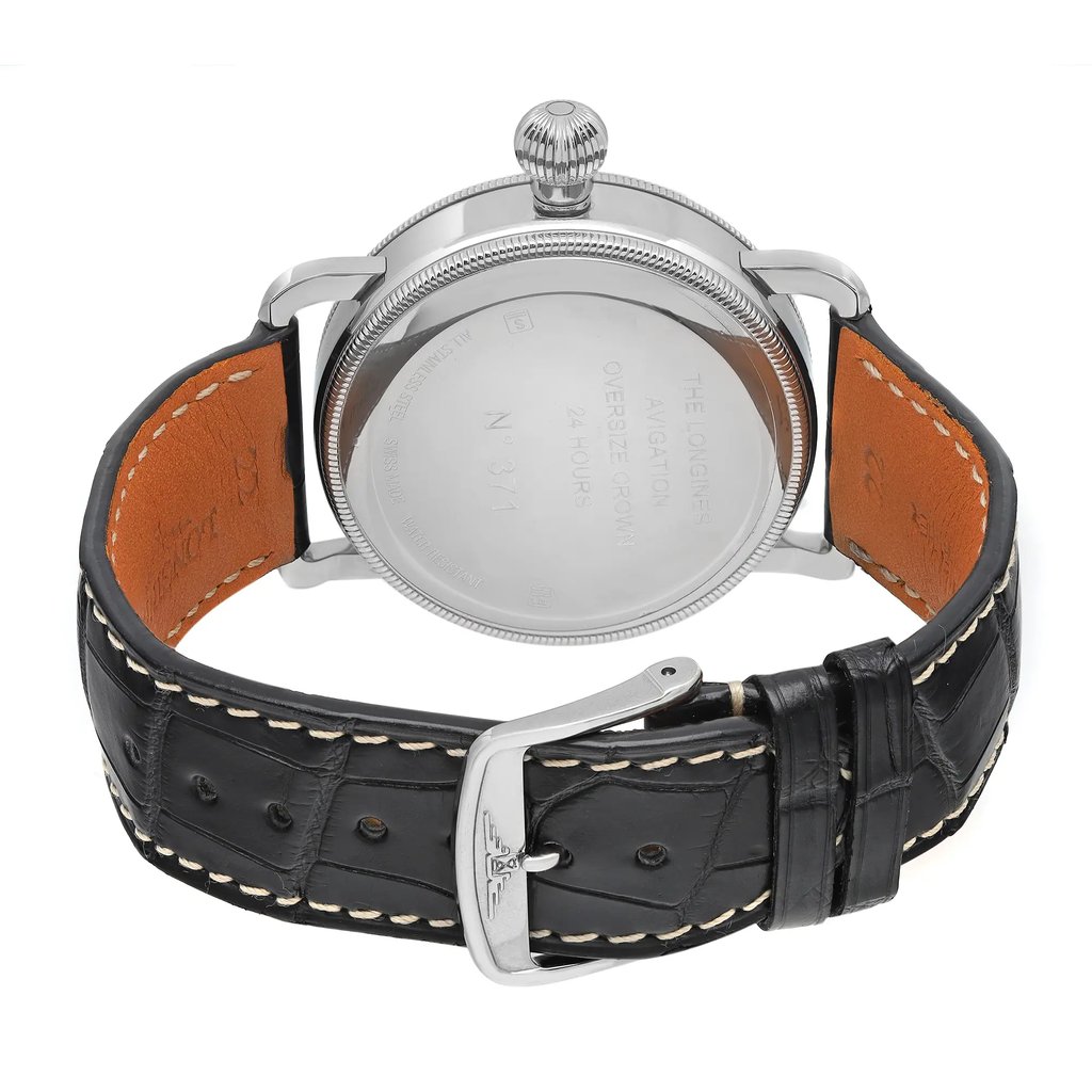 An image of a Wristwatch by Longines. This Display Model item is designed for Men, featuring a Casual style. It has a Mechanical (Automatic) movement and an Analog display with a Black dial color. The indices include 12-Hour Dial,24-Hour Dial,Arabic Numerals. The band is made of Leather and the case is made of Stainless Steel. The watch has a Round shape with a case size of 41 mm and a case thickness of 15 mm.