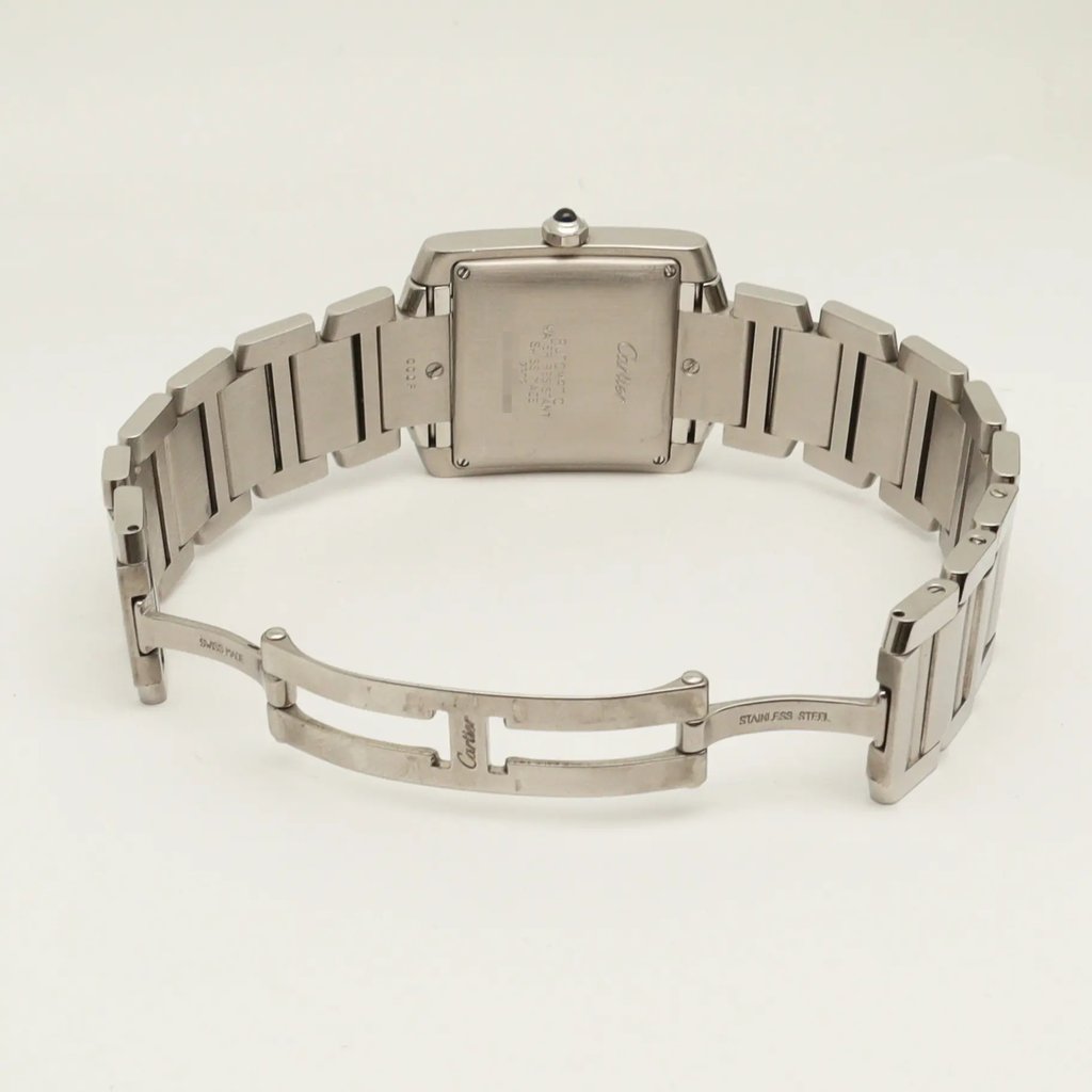 Back View Of Screwback Back Case And Open Stainless Steel Band Of Cartier W51002Q3 Watch Pre Owned Condition