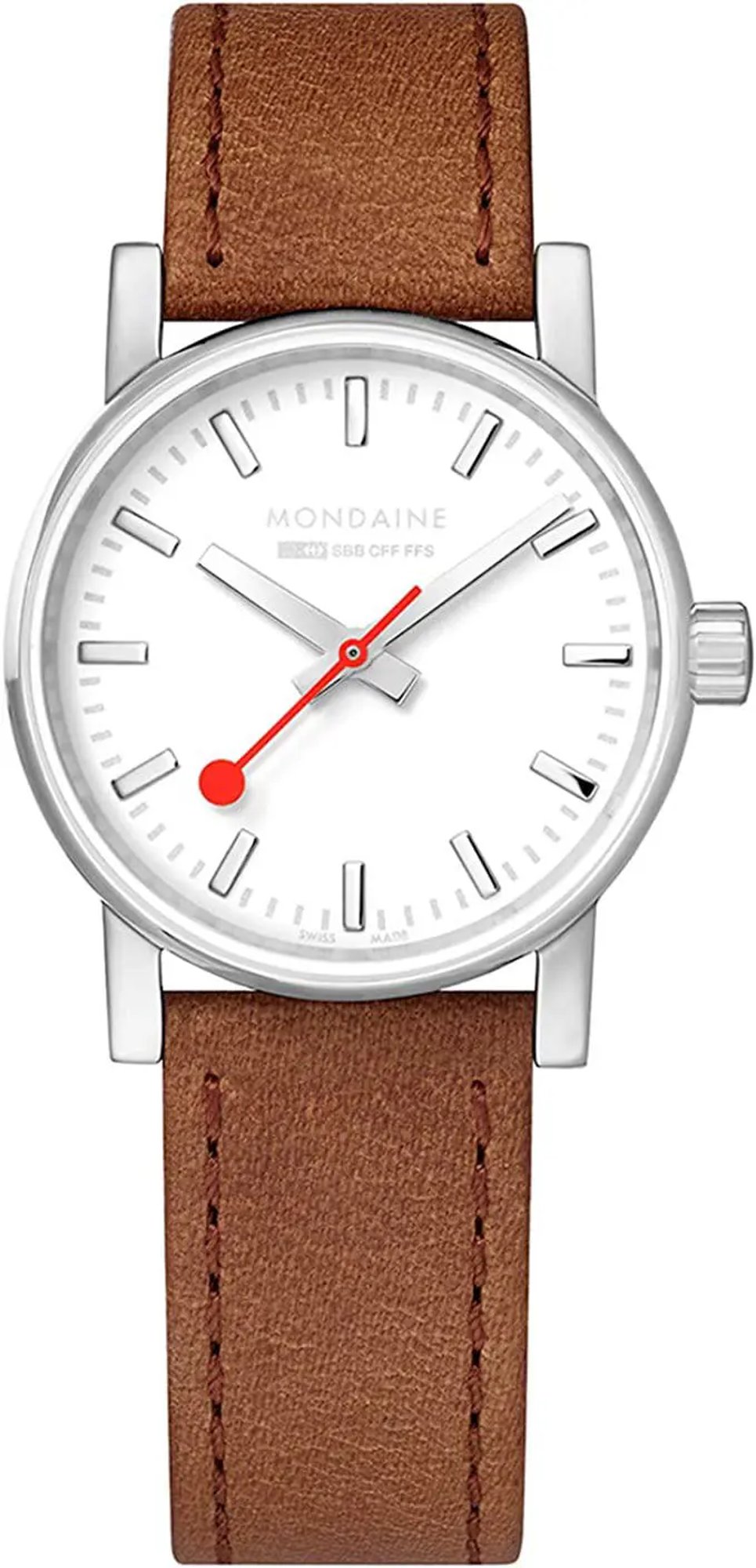 An image of a Wristwatch by Mondaine. This Display Model item is designed for Women, featuring a Casual style. It has a Quartz movement and an Analog display with a Silver dial color. The indices include 12-Hour Dial,Non-Numeric Hour Marks,Stick Indexes. The band is made of Leather and the case is made of Stainless Steel. The watch has a Round shape with a case size of 30 mm and a case thickness of 9 mm.