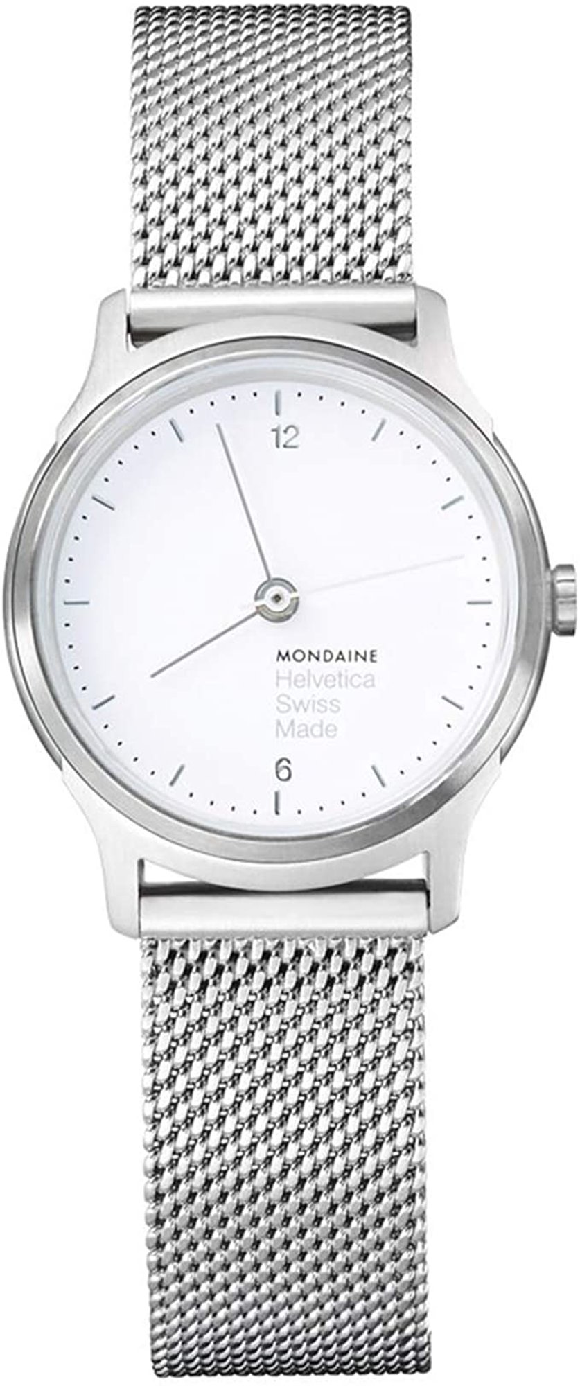 An image of a Wristwatch by Mondaine. This Display Model item is designed for Women, featuring a Classic,Dress/Formal style. It has a Quartz movement and an Analog display with a White dial color. The indices include 12-Hour Dial,Arabic Numerals,Stick Indexes. The band is made of Stainless Steel and the case is made of Stainless Steel. The watch has a Round shape with a case size of 26 mm and a case thickness of 6.5 mm.