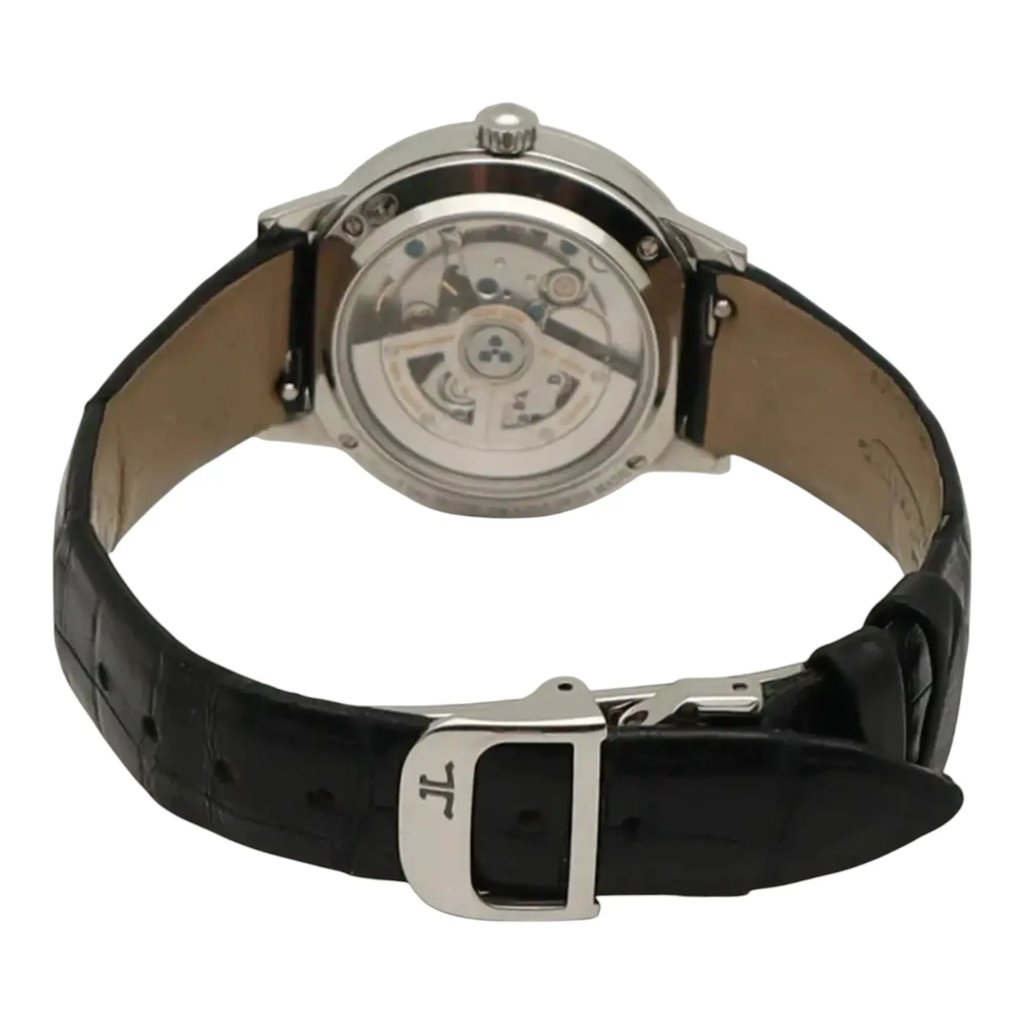 Back View Of Exhibition Back Case And Closed Leather Band Of Jaeger-LeCoultre Q3468421 Watch Pre Owned Condition