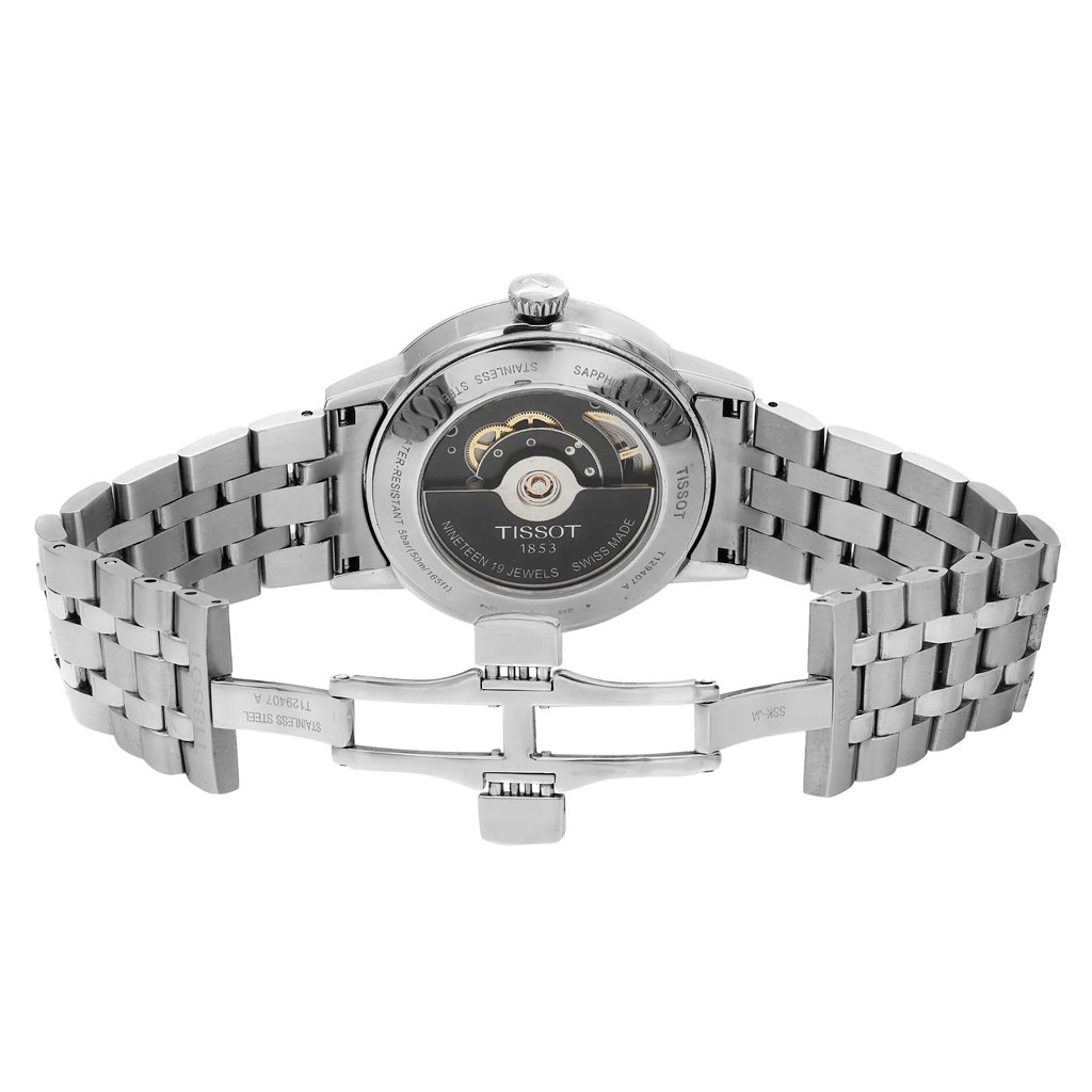 Back View Of Exhibition Back Case And Open Stainless Steel Band Of Tissot T129.407.11.051.00 Watch Pre Owned Condition