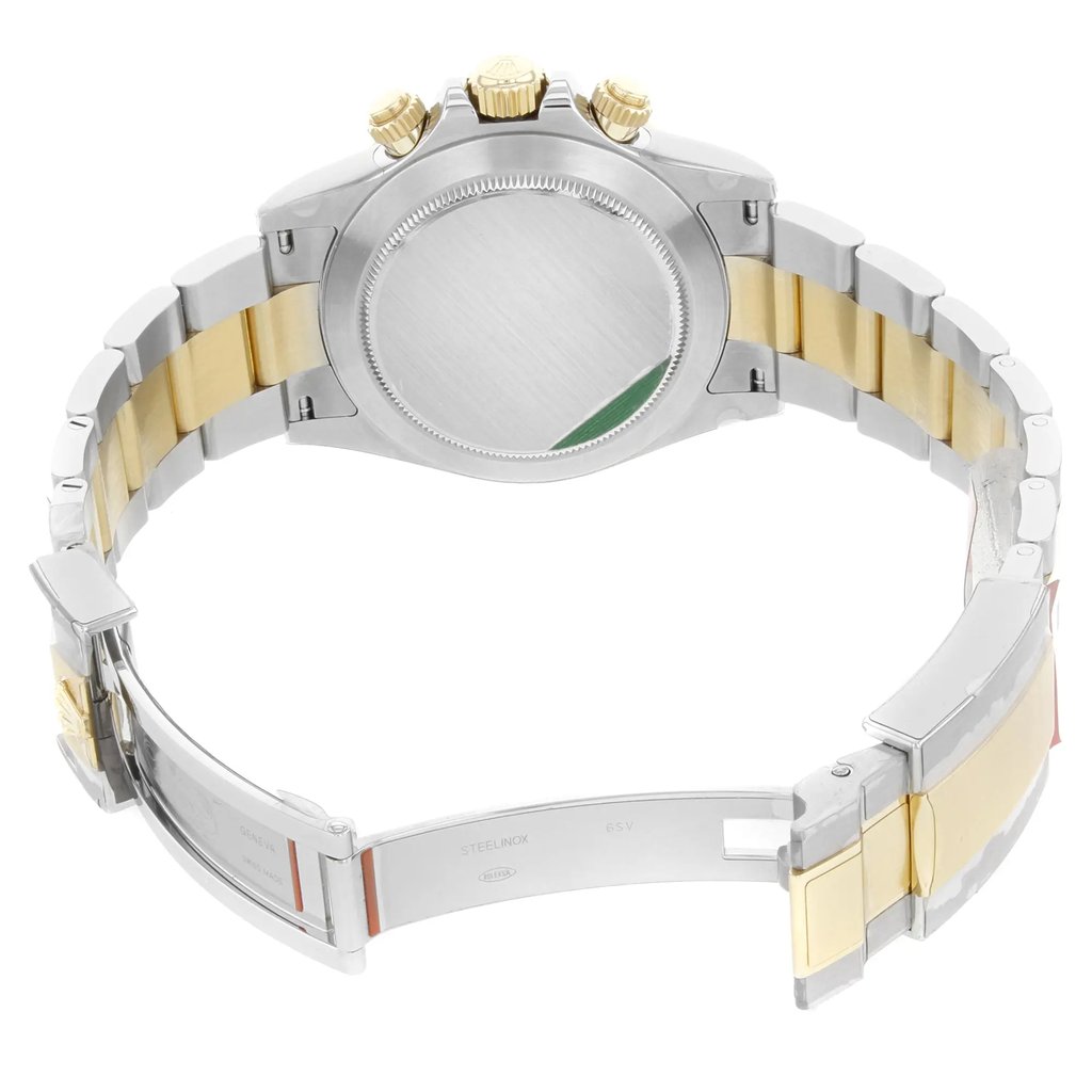 Back View Of {Caseback} Back Case And Open Stainless and Solid Gold Band Of Rolex 116503 Watch Display Model Condition