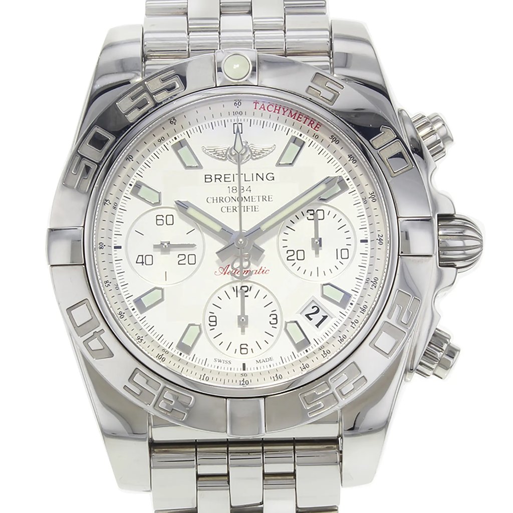 View Of Crown Facing Side Of Breitling AB014012/G711-378A Stainless Steel Watch Display Model Condition