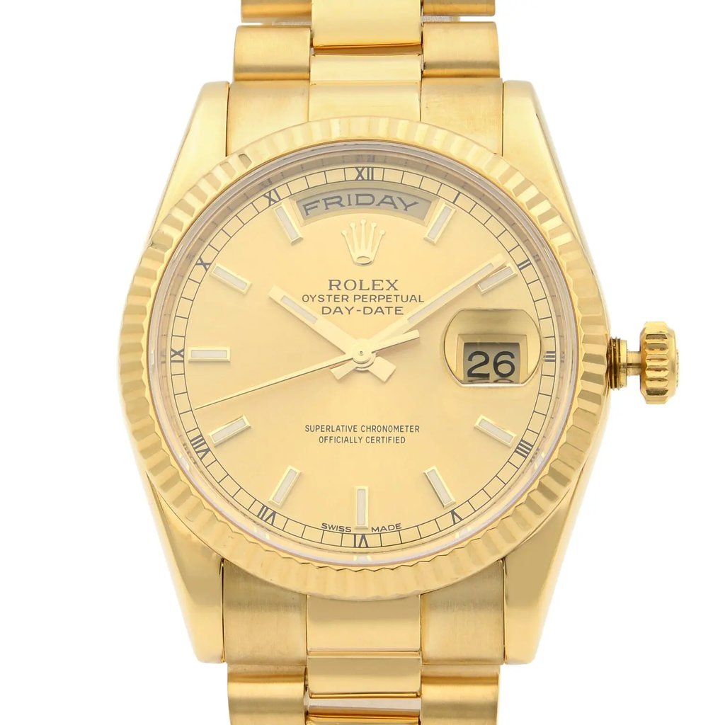 Up Close Front Facing Picture Of Rolex 118238 Gold 18kt Watch Pre Owned Condition